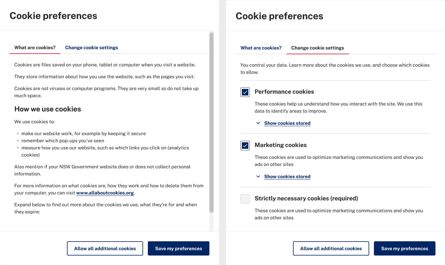 NSW cookie banner preferences